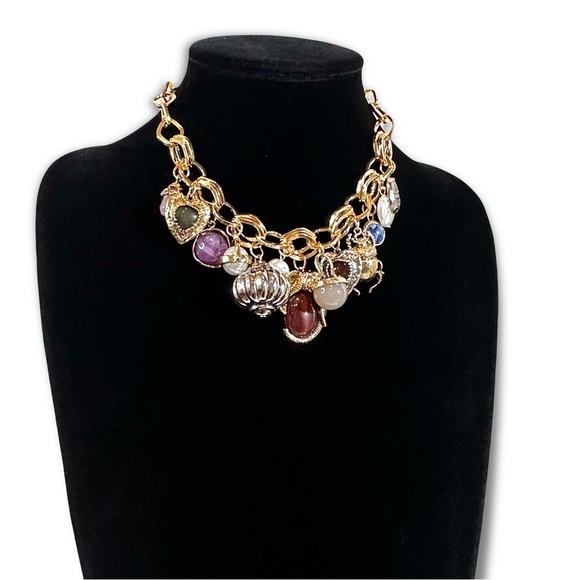 Zara Jewelry - ZARA Double Gold Link Eclectic Burgundy & Blue Charm Necklace | NWOT